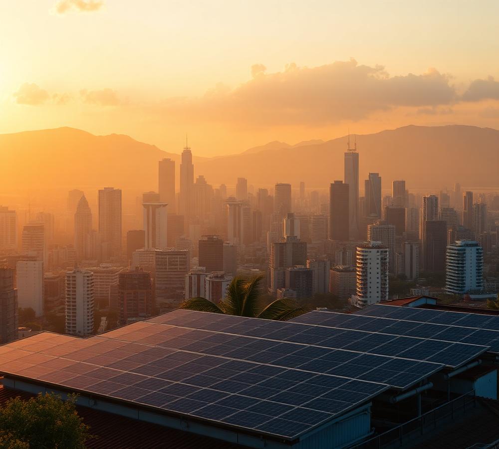 City rooftops with solar panels